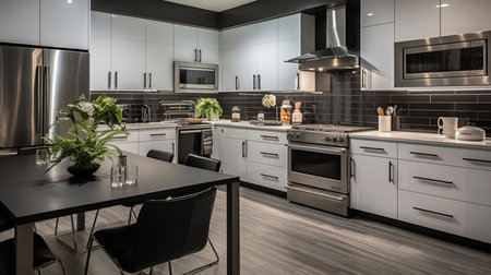 Sleek furnished kitchen, stylish Beautiful cooking area, interior design, modern house design conceptの素材