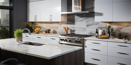 Sleek furnished kitchen, stylish Beautiful cooking area, interior design, modern house design conceptの素材