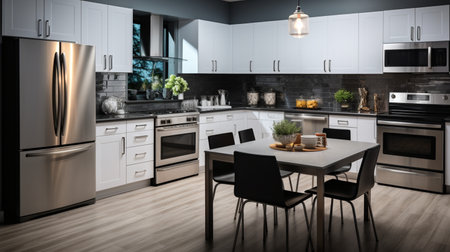 Sleek furnished kitchen, stylish Beautiful cooking area, interior design, modern house design conceptの素材