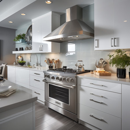 Sleek furnished kitchen, stylish Beautiful cooking area, interior design, modern house design conceptの素材