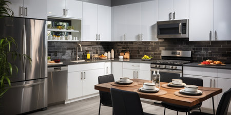 Sleek furnished kitchen, stylish Beautiful cooking area, interior design, modern house design conceptの素材