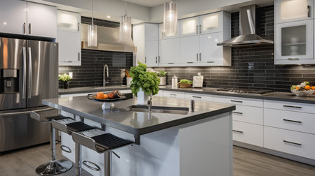 Sleek furnished kitchen, stylish Beautiful cooking area, interior design, modern house design conceptの素材