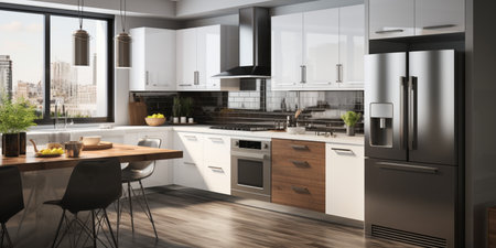 Sleek furnished kitchen, stylish Beautiful cooking area, interior design, modern house design conceptの素材