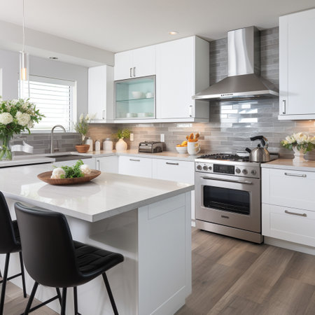 Sleek furnished kitchen, stylish Beautiful cooking area, interior design, modern house design conceptの素材