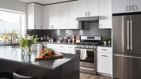 Sleek furnished kitchen, stylish Beautiful cooking area, interior design, modern house design conceptの素材