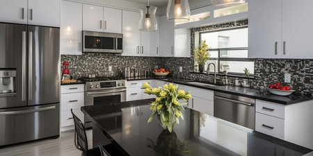 Sleek furnished kitchen, stylish Beautiful cooking area, interior design, modern house design conceptの素材