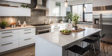 Sleek furnished kitchen, stylish Beautiful cooking area, interior design, modern house design conceptの素材