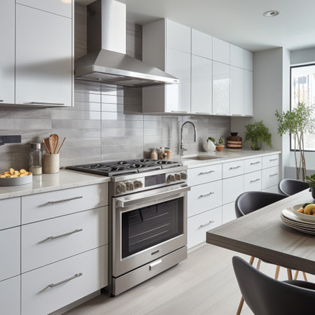 Sleek furnished kitchen, stylish Beautiful cooking area, interior design, modern house design conceptの素材