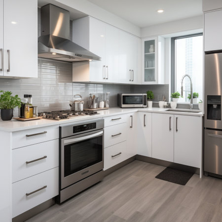 Sleek furnished kitchen, stylish Beautiful cooking area, interior design, modern house design conceptの素材