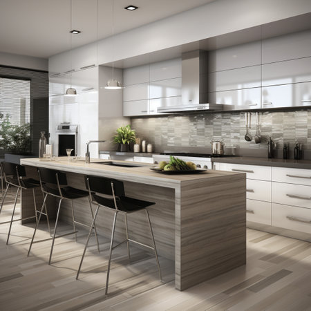 Sleek furnished kitchen, stylish Beautiful cooking area, interior design, modern house design conceptの素材