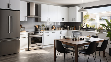 Sleek furnished kitchen, stylish Beautiful cooking area, interior design, modern house design conceptの素材