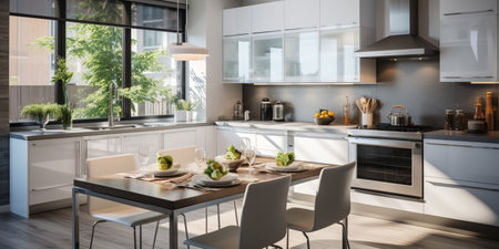 Sleek furnished kitchen, stylish Beautiful cooking area, interior design, modern house design conceptの素材