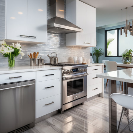 Sleek furnished kitchen, stylish Beautiful cooking area, interior design, modern house design conceptの素材