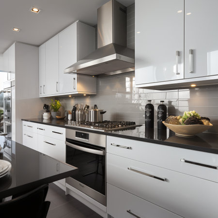Sleek furnished kitchen, stylish Beautiful cooking area, interior design, modern house design conceptの素材