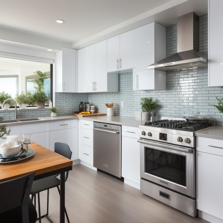 Sleek furnished kitchen, stylish Beautiful cooking area, interior design, modern house design conceptの素材