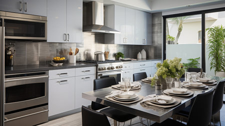 Sleek furnished kitchen, stylish Beautiful cooking area, interior design, modern house design conceptの素材
