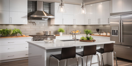 Sleek furnished kitchen, stylish Beautiful cooking area, interior design, modern house design conceptの素材