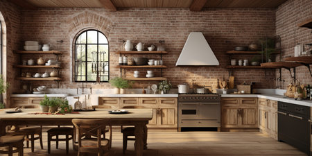 Rustic farmhouse kitchen, stylish spacious cooking area, interior design, modern design conceptの素材