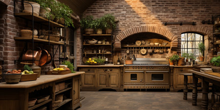 Rustic farmhouse kitchen, stylish spacious cooking area, interior design, modern design conceptの素材