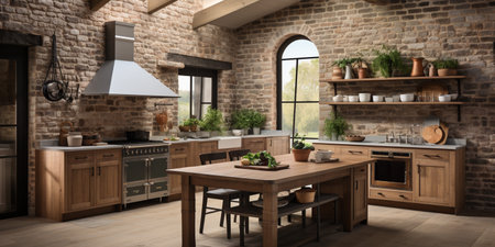 Rustic farmhouse kitchen, stylish spacious cooking area, interior design, modern design conceptの素材