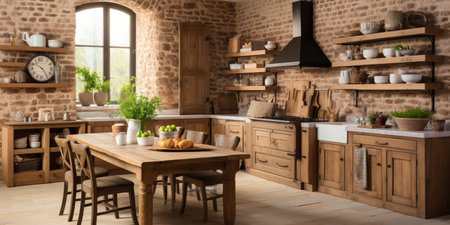 Rustic farmhouse kitchen, stylish spacious cooking area, interior design, modern design conceptの素材