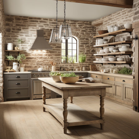 Rustic farmhouse kitchen, stylish spacious cooking area, interior design, modern design conceptの素材