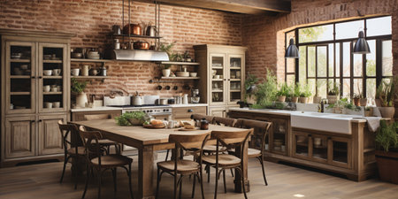 Rustic farmhouse kitchen, stylish spacious cooking area, interior design, modern design conceptの素材