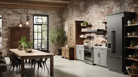 Rustic farmhouse kitchen, stylish spacious cooking area, interior design, modern design conceptの素材