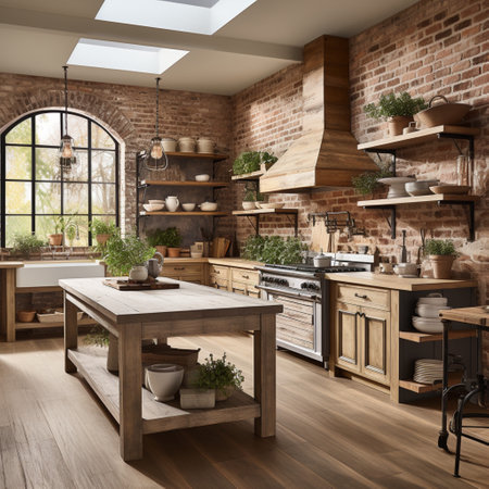 Rustic farmhouse kitchen, stylish spacious cooking area, interior design, modern design conceptの素材