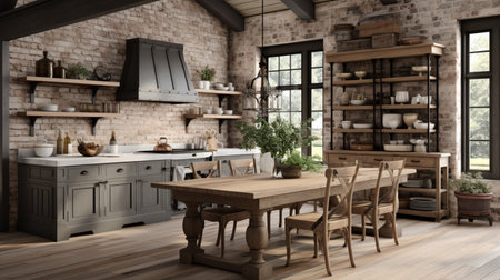 Rustic farmhouse kitchen, stylish spacious cooking area, interior design, modern design conceptの素材