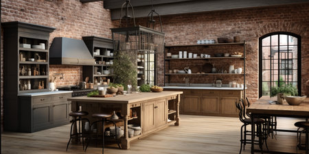 Rustic farmhouse kitchen, stylish spacious cooking area, interior design, modern design conceptの素材