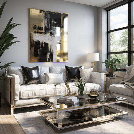 Luxurious furnished Living room, spacious cozy sofa, black and white monochrome palette, elegant interior design, modern house design conceptの素材
