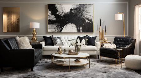 Luxurious furnished Living room, spacious cozy sofa, black and white monochrome palette, elegant interior design, modern house design conceptの素材