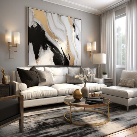 Luxurious furnished Living room, spacious cozy sofa, black and white monochrome palette, elegant interior design, modern house design conceptの素材