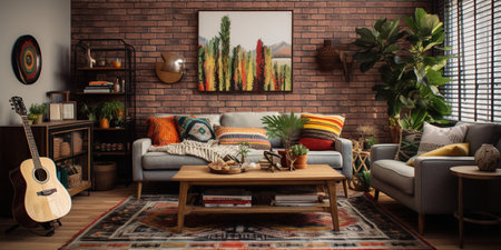 Furnished Modern Living room, bohemian inspired interior design, modern house design conceptの素材