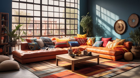 Furnished Modern Living room, bohemian inspired interior design, modern house design conceptの素材