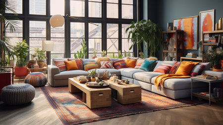 Furnished Modern Living room, bohemian inspired interior design, modern house design conceptの素材