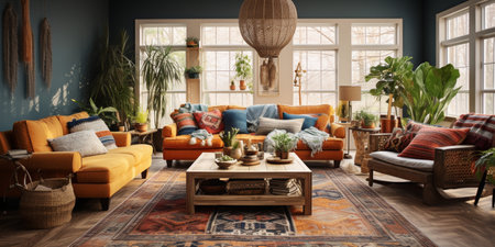 Furnished Modern Living room, bohemian inspired interior design, modern house design conceptの素材