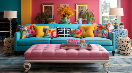 Furnished Modern Living room, bright blue and pink color palette, interior design, modern house design conceptの素材
