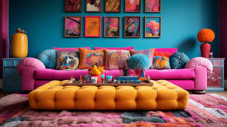 Furnished Modern Living room, bright blue and pink color palette, interior design, modern house design conceptの素材