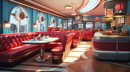 Retro vintage diner restaurant, interior design, stylish old fashioned design concept, copy space, AI Generativeの素材