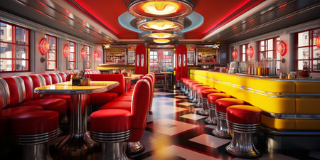 Retro vintage diner restaurant, interior design, stylish old fashioned design concept, copy space, AI Generativeの素材