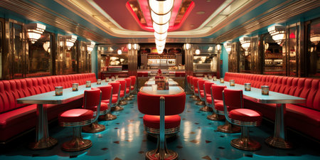 Retro vintage diner restaurant, interior design, stylish old fashioned design concept, copy space, AI Generativeの素材