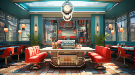 Retro vintage diner restaurant, interior design, stylish old fashioned design concept, copy space, AI Generativeの素材