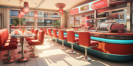 Retro vintage diner restaurant, interior design, stylish old fashioned design concept, copy space, AI Generativeの素材