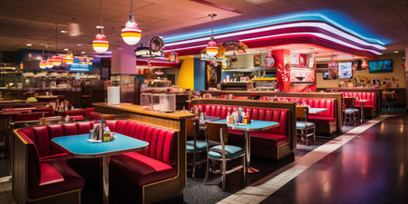 Retro vintage diner restaurant, interior design, stylish old fashioned design concept, copy space, AI Generativeの素材