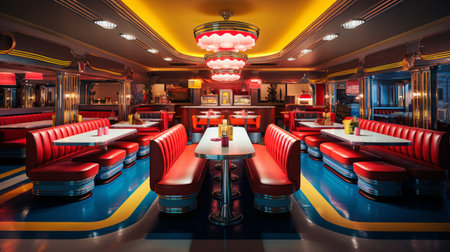 Retro vintage diner restaurant, interior design, stylish old fashioned design concept, copy space, AI Generativeの素材