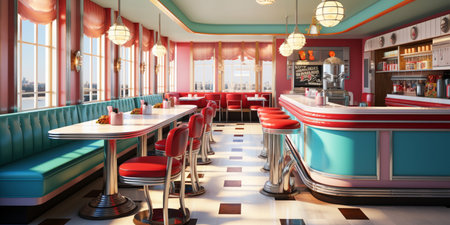 Retro vintage diner restaurant, interior design, stylish old fashioned design concept, copy space, AI Generativeの素材