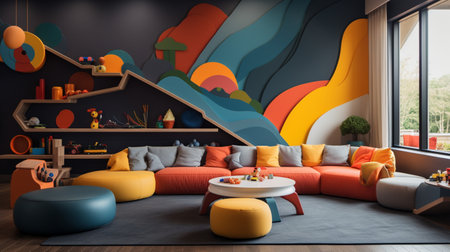 A beautiful Interior design of a colorful kindergarten, educational playroom, kid learning space, nursery, copy space, AI Generativeの素材