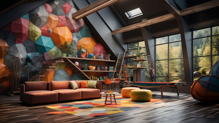 A beautiful Interior design of a colorful kindergarten, educational playroom, kid learning space, nursery, copy space, AI Generativeの素材